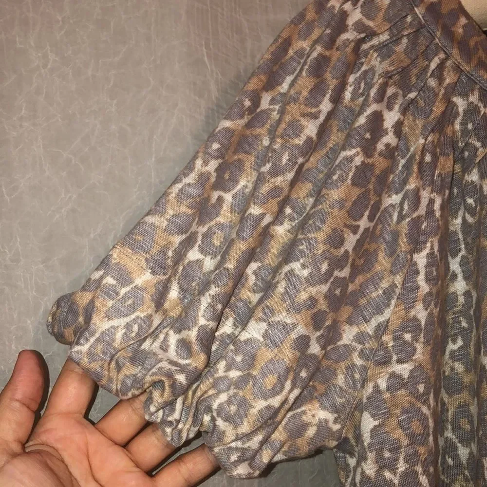 Anthropologie S Maeve Linen Puff Sleeve Leopard Top